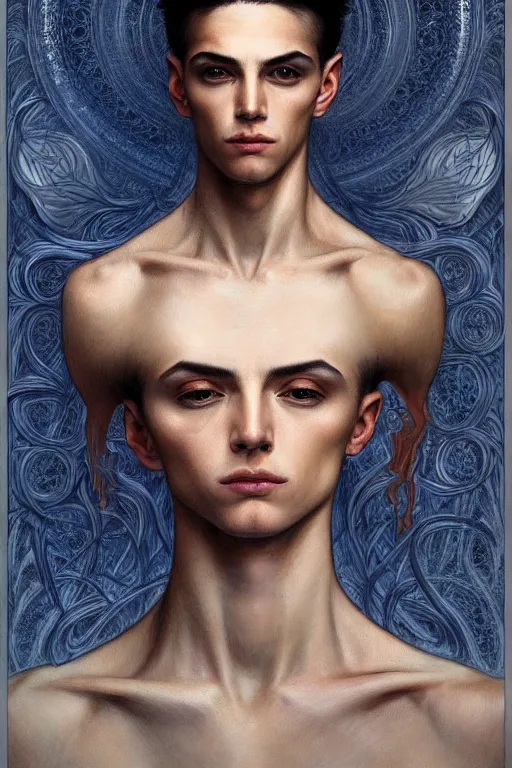 Image similar to portrait of a young androgynous man handsome, male, masculine, upper body, fantasy, fierce, sharp features, intricate, elegant, highly detailed, digital painting, artstation, niccoletta ceccoli, alex grey, concept art, matte, sharp focus, illustration, art by artgerm and greg rutkowski and alphonse mucha, symmetry!!