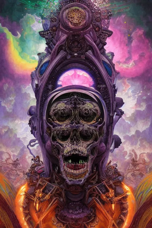 Image similar to gigantic psychedelic demonic cosmic skull of death, outer space, fantasy painting, ultra realistic, dmt, symmetrical, wide angle, intricate details, digital painting, rainbowshift, vivid colors, highly detailed by peter mohrbacher, h. r. giger, maxfield parrish, alphonse mucha, craig mullins, octane render, cgi