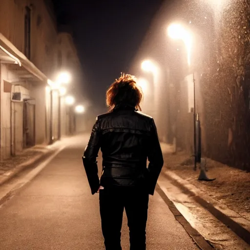 Prompt: movie shot of young man from back pacing lowering head dressed in short leather bomber jacket to empty narrow alley with street lamps in park with pines to the horizon, with hands in pockets, snowfall at night, mullet long haircut, black hairs, cinematic, dramatic, detailed, realistic, movie shot, low lighting