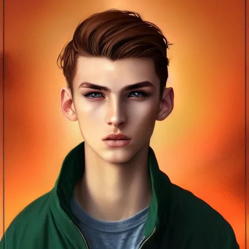 Image similar to colorful Captivating teenage boy with brown blond short quiff hair and thin slightly round facial structure with cleft chin, bumpy nose, good definition of cheekbones, Alert brown eyes, narrow face, slim body, atmospheric lighting, painted, intricate, 4k, highly detailed by Charlie Bowater