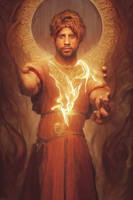 Image similar to Adam Rodriguez, druid, cleric, flame spell, burning hands, bicpes, muscular, D&D, fantasy, intricate, cinematic lighting, highly detailed, beautiful, digital painting, artstation, masterpiece, concept art, smooth, sharp focus, illustration, art by Artgerm and Greg Rutkowski and Alphonse Mucha and william-Adolphe Bouguereau