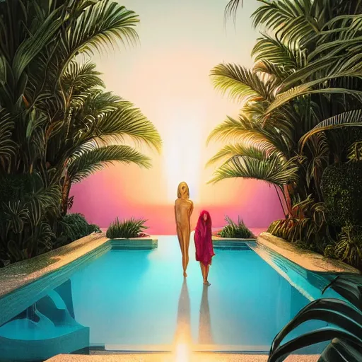 Prompt: indoor liminal space, golden light, palm trees, pink door, minimalistic, hyperrealistic surrealism, award winning masterpiece with incredible details, epic stunning, infinity pool mirrors, a surreal vaporwave liminal space with mirrors, highly detailed, trending on artstation, artgerm and greg rutkowski and alphonse mucha, daily deviation