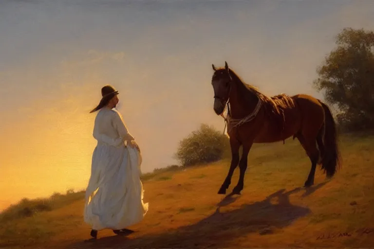 Image similar to Woman in a long white traditional dress walking with a horse along a scenic western trail, sunset, beautifully lit, albert aublet, oil on canvas