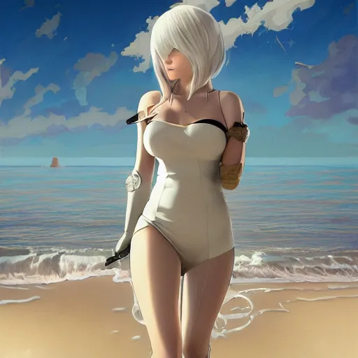 Image similar to full body portrait of 2 b nier automata wearing a skintight dress in a beach, large thighs, perfect face, intricate, elegant, highly detailed, digital painting, artstation, smooth, sharp focus, illustration, art by artgerm and greg rutkowski and alphonse mucha, 8 k