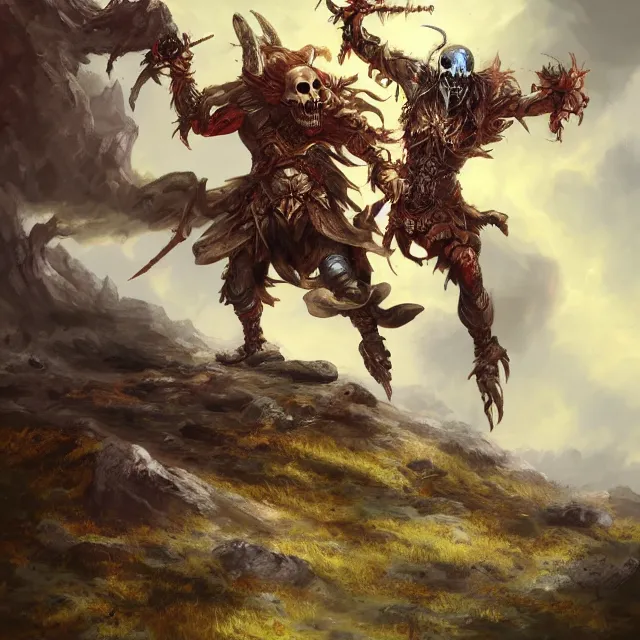 Prompt: skull warrior fights air elemental over a hill, fantasy, high detail, artstation