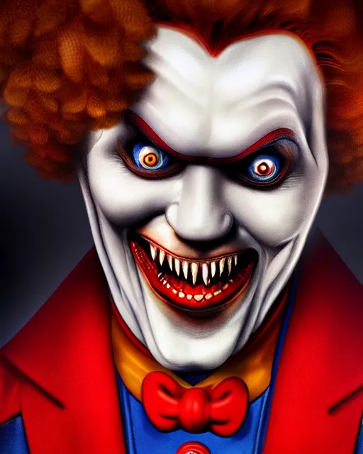 Image similar to dracula ronald mcdonald, character portrait, close up, concept art, intricate details, highly detailed, photorealism, hyperrealism in the style of otto dix and h. r giger