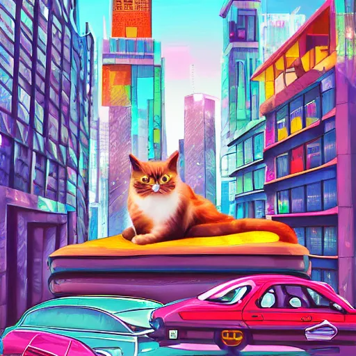 Prompt: A dystopian futuristic city street with a cat sitting on a car, digital painting, Lisa Frank colors