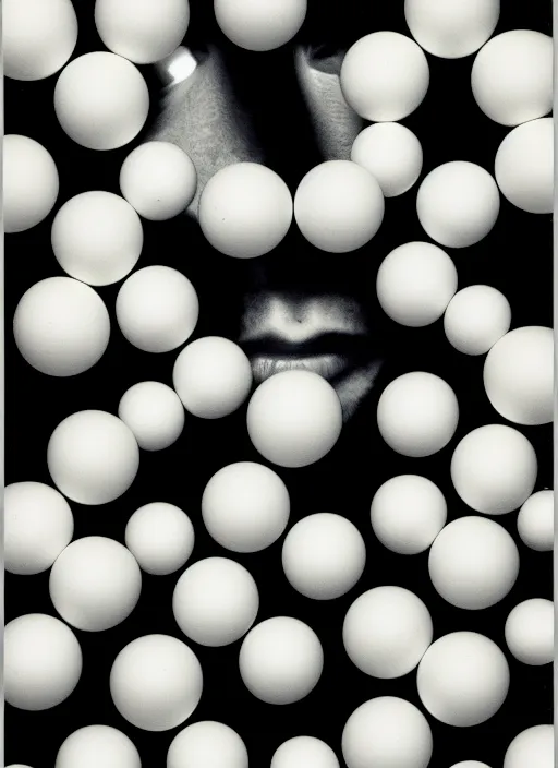 Image similar to realistic object photo portrait of face made of black and white ping pong balls, readymade, dadaism, fluxus, man ray, x - ray, electronic microscope 1 9 9 0, life magazine photo