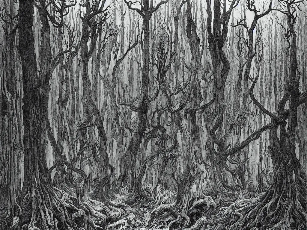 Image similar to dense ancient forest, artstation, by aubrey beardsley, by caspar david friedrich, by laurie lipton, by kay nielsen, by ivan shishkin, calligraphy, divine, paradox, gnarly trees, terrifying, witchcraft!, hope, mountains background