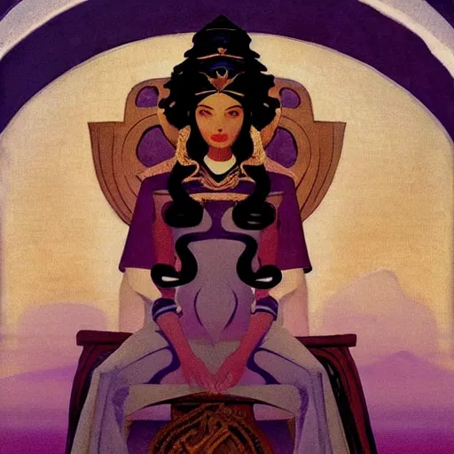 Prompt: an illustration of an ivory skin with dark curly hair queen on a throne, by nicholas roerich, by frank frazetta by georgia o keeffe by frederick william elwell, by hans emmenegger, by eyvind earle highly detailed, realistic, outline, line work, fantasy, oriental, stylised flat colors, animation