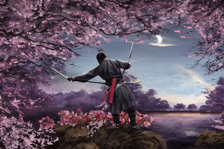 Image similar to solitary moonlight samurai duel featuring enrico letta vs matteo salvini, moonlight lake, starry sky and dark cherry blossoms falling