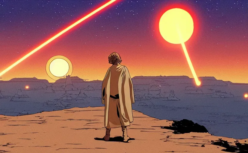 Prompt: luke skywalker looking at tatooine two suns sunset by ghibli