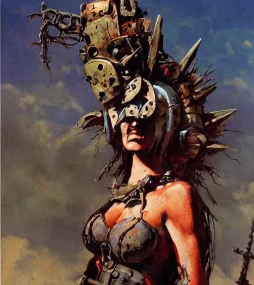 Image similar to mighty princess of the wasteland, scrap metal headdress, damaged building, strong line, deep color, cloudy sky, beautiful! coherent! by brom, by frank frazetta,