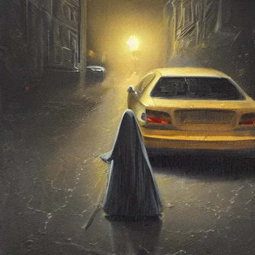 Image similar to ominous urine stained bedsheet ghost standing in front of a cars headlights late at night, oil painting, brush strokes, highly ornate intricate detail, gloomy mood,