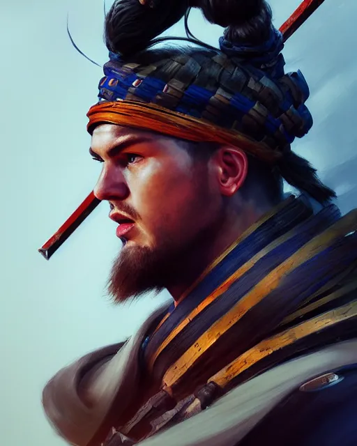 Image similar to face portrait of luka doncic as a muscular ronin samurai, wearing a haori, by wlop and peter mohrbacher, dramatic action pose, extremely detailed shading, concept art, digital painting, trending on artstation, unreal engine 5, octane render, atmosphere, glow, cinematic lighting, full of color