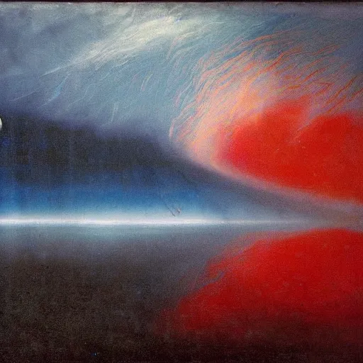 Image similar to the epic abstract painting'blue arctic void with black and red aurora borealis above a pod of humpback whales ', by caspar david friedrich!!!, by rothko!!!, stunning masterpiece, trending on artstation