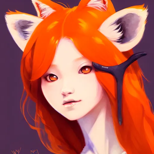 Prompt: character design portrait of a beatiful anthropomorphic furry fox woman with fox ears, long orange hair, wearing a tshirt, looking at the camera, 4 k, concept art, by wlop, wenjun lin, watercolor, ilya kuvshinov, artgerm, krenz cushart, pixiv.