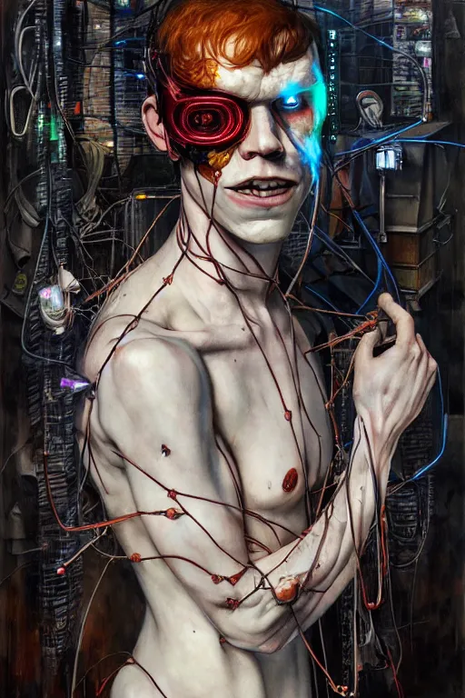 Image similar to cameron monaghan as a cyberpunk hacker, wires cybernetic implants, by esao andrews, jenny saville, james jean, dark art