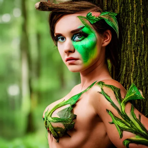 Image similar to young woman in a forest nymph costume striking a pose, intricate hairstyle, professional body paint, portrait photography, digital, photoshop, Helios 44-2, high definition, award winning, 4K UHD