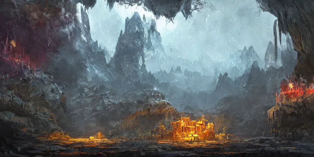 Prompt: The underground cavern of Blackreach as Far Cry 4 concept art, spring season, beautiful, gorgeous buildings, oil painting, painting by Viktor Vasnetsov, concept art, underground landscape, cavern bioluminescence, painting by Ivan Shishkin, hyperborea, high resolution, trending on artstation,