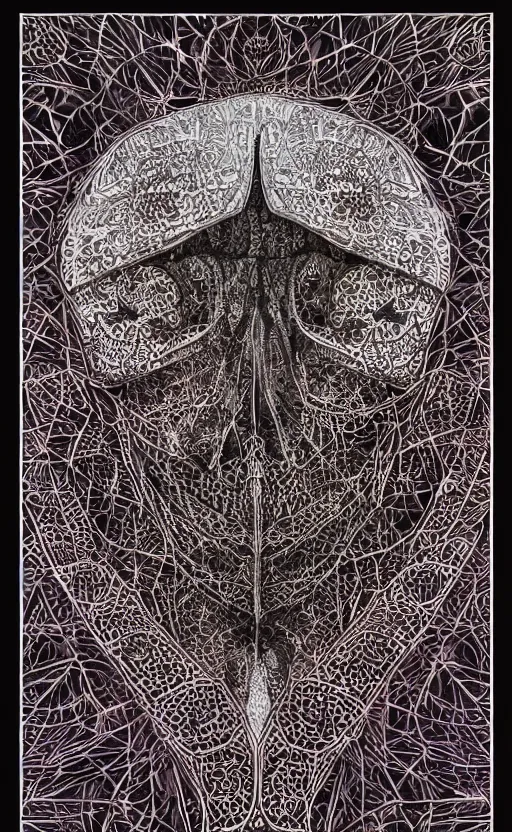 Image similar to intricate skull of a crow, islamic patterns flowing into eachother, voronoi, fibonacci sequence, leaves, by Moebius, hiroshi yoshida, mosque, intricate delicate mathematical patterns, cgsociety, complementary colour scheme, psychedelic, 3d