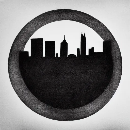 Image similar to a perfect circle where the inside is empty blank space and around the outer edge of the circle is the silhouette of a city skyline, black and white, minimalist, in the style of a charcoal drawing, made by david mellen