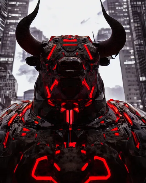 Prompt: a full body shot of an imposing cyborg ( bull ) modeled after a bull looking into the camera, android, cyborg, full body shot, red, intricate, 3 d, hyper realism, symmetrical, octane render, strong bokeh, fantasy, highly detailed, depth of field, digital art, artstation, concept art, cinematic lighting, trending