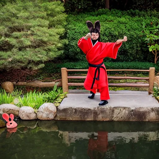 Image similar to a fluffy brown velveteen karate loving muppet with bunny ears and wearing a dark ninja robe with a red belt and practicing her karate out in nature by a koi pond, photorealistic, photography, ambient occlusion, rtx, national geographic, sesame street