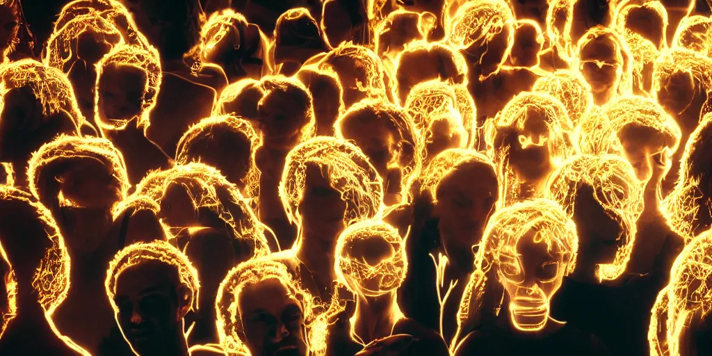 Image similar to love, double exposure groups of people with glowing bodies, from behind, rebirth, wide angle, cinematic atmosphere, elaborate wires, highly detailed, vivid colors, dramatic lighting