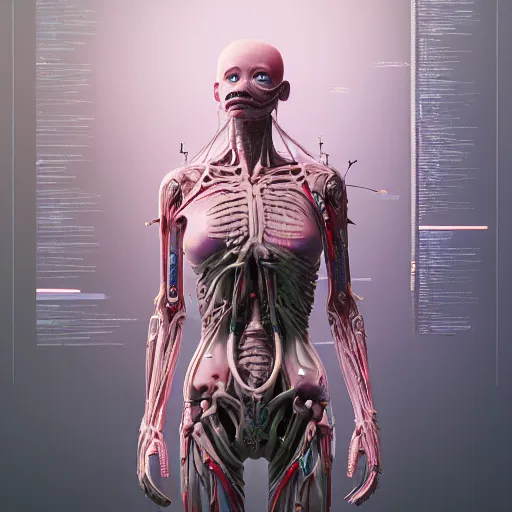 Image similar to biopunk cyborg awakening highly detailed anatomy in the style of beeple, award winning, cg society, unreal engine, photorealistic, hyperrealism, intricate