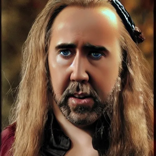 Image similar to nicolas cage with long flowing blond hair as a D&D character