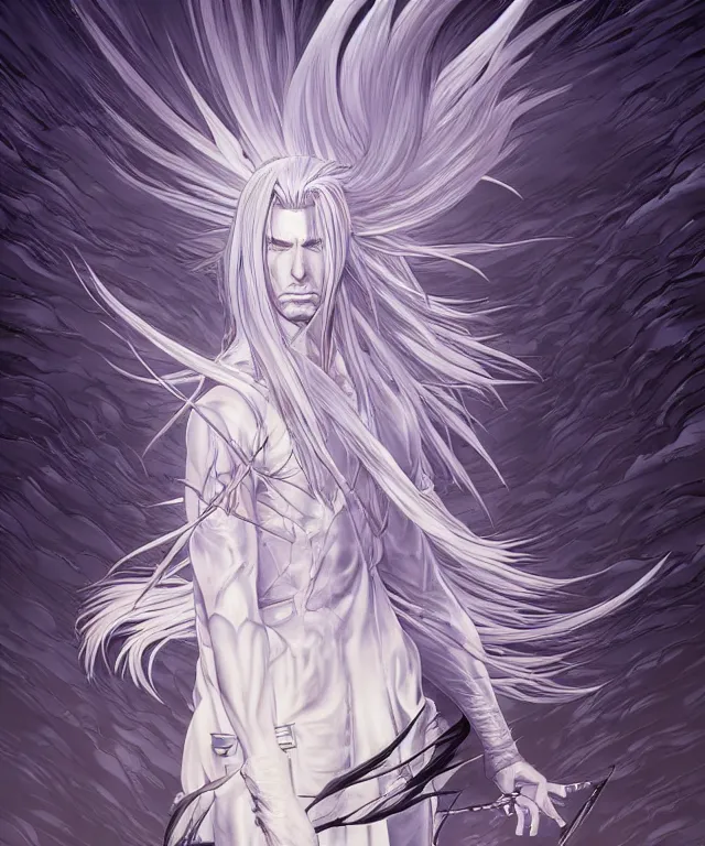 Image similar to sephiroth, centered composition, crisp 8 k line art, digital painting, artstation, unreal engine, octane render, emissive lighting, concept art, matte, sharp focus, hyper realistic lighting, illustration, art by shintaro kago and victo ngai