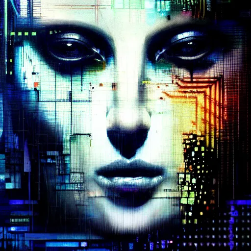 Prompt: hyperrealistic portrait of a mysterious cyberpunk woman, by Guy Denning, Johannes Itten, Russ Mills, glitch art, hacking effects, glitch effects, digital tech effects, cybernetics, detailed lings, chromatic, color blocking!, oil on canvas, octane, concept art, abstract, 8k, trending on artstation