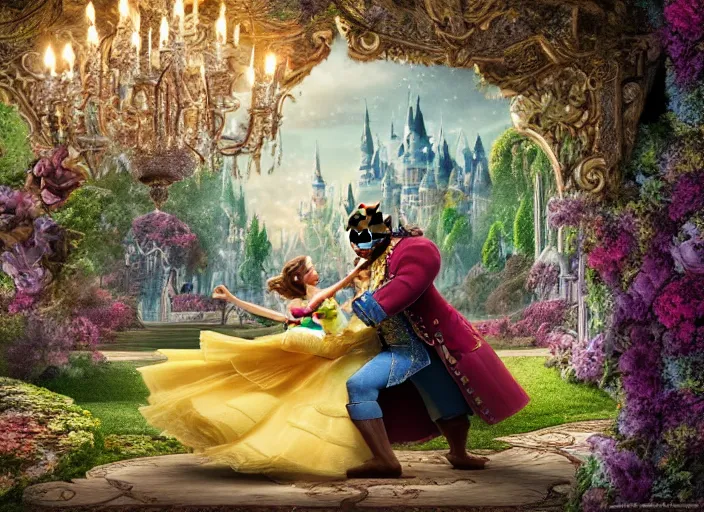 Image similar to digital art of beauty and the beast in the magical forest 4k