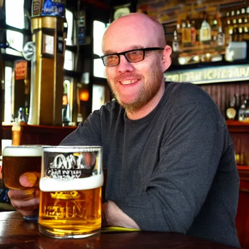 Prompt: english man with thinning hair and glasses sitting at a pub with a pint of beer, a orangutan stand behind him