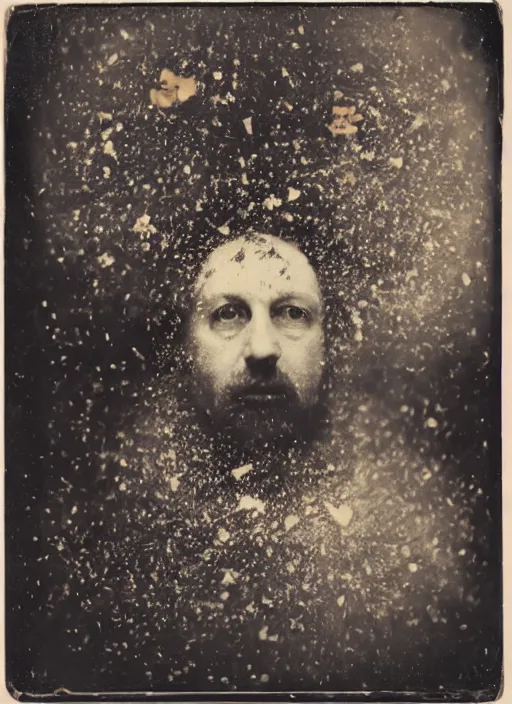 Prompt: old wetplate daguerreotype portrait of componist gyorgy kurtag, explosion of data fragments, fractal, intricate, elegant, highly detailed, parallax, leica, medium format, subsurface scattering, by jheronimus bosch and greg rutkowski and louis jacques mande daguerre