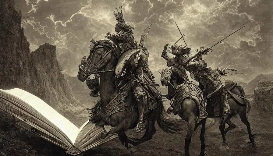 Image similar to big opened book, open book page, don quixote leave the book, cinematic romantic magical masterpiece, by gene wolfe, highly detailed painting by gustave dore