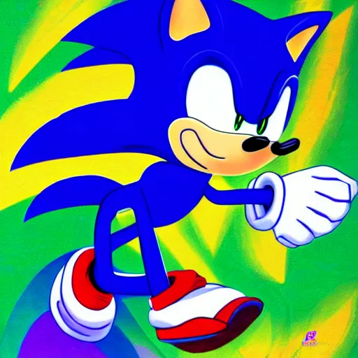 Prompt: Sonic the hedgehog having a bad acid trip, Green Hill Zone, in the style of Sachin Teng x Picasso