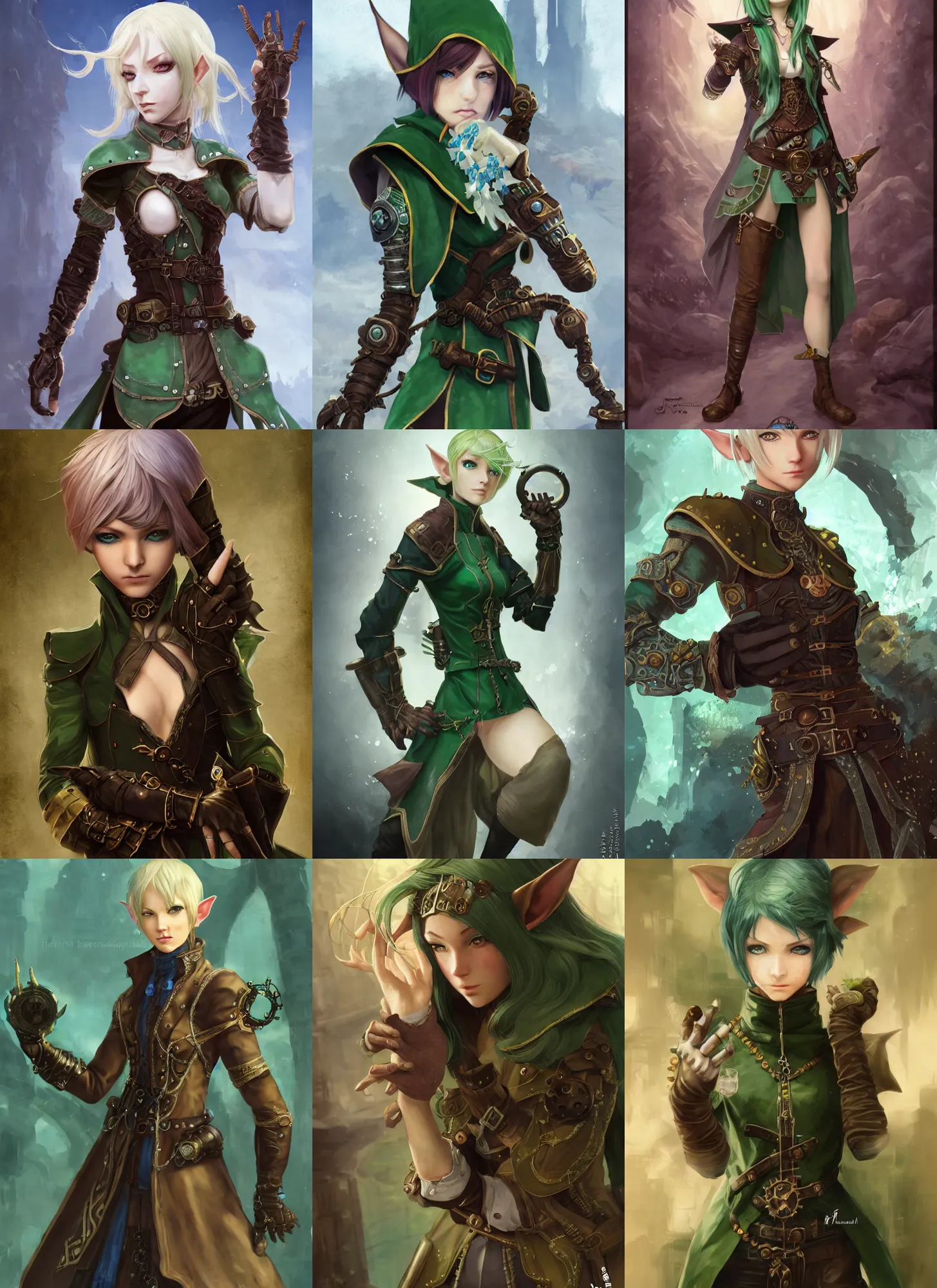 Prompt: character portrait of young female elf, fisting monk, massive steampunk hands, blue skintight closed longcoat, brown bob haircut, green eyes, white skin, high fantasy, steampunk, akihiko yoshida, james jean andrei riabovitchev marc _ simonetti, yoshitaka amano