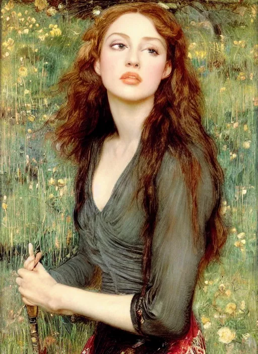 Prompt: a beautiful painting of young kylie minogue by John Everett Millais and Dante Gabriel Rossetti and John Collier and john william waterhouse, pre-raphaelite, detailed, trending on artstation, hd, masterpiece