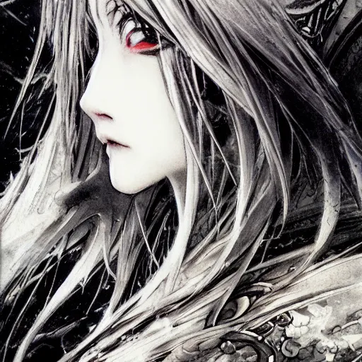 Prompt: Yoshitaka Amano blurred and dreamy illustration of an anime girl with black eyes, wavy white hair and cracks on her face wearing elden ring armour with the cape fluttering in the wind, abstract black and white patterns on the background, noisy film grain effect, highly detailed, Renaissance oil painting, weird portrait angle