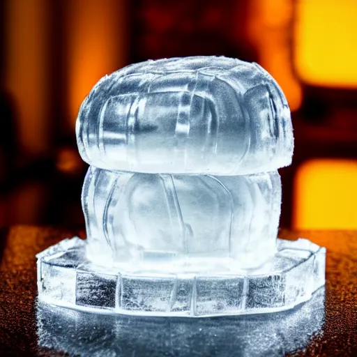 Image similar to a clear ice sculpture of a burger made entirely of ice, 4 k