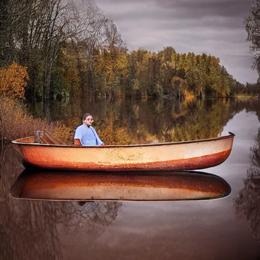 Image similar to realistic photo of a man standing in a small boat on endless broken mirrors by albert dros