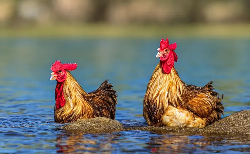 Prompt: Professional photo of a Close up photo of a chicken, drinking water from a lake in Tasmania, bokeh, 100mm lens, 8K award winning nature photography