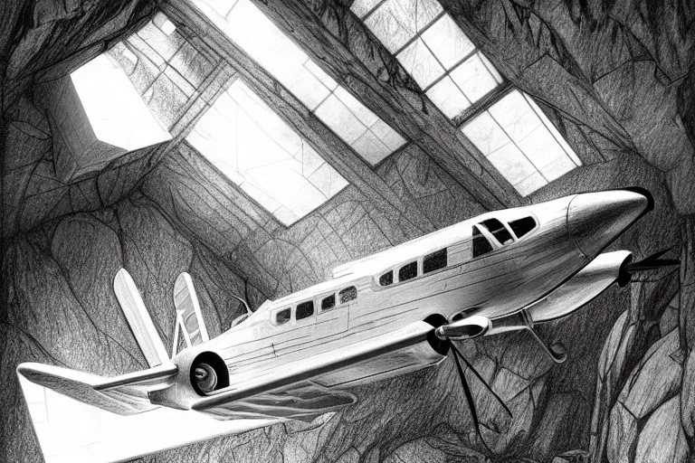 Image similar to hyperrealist pencil sketch of a cessna airplane in a colossal cave by david malan and alphonse mucha, fantasy art, drawing, dynamic lighting, artstation, poster, volumetric lighting, very detailed faces, 4 k, award winning