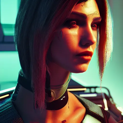 Image similar to female V from Cyberpunk 2077 wearing spiked black collar around neck, realistic, art, beautiful, 4K, HD, collar, choker, collar, choker, punk, artstation, wallpaper,
