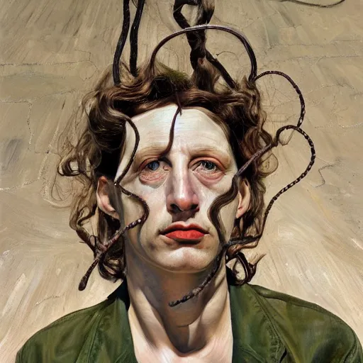 Image similar to high quality high detail painting by lucian freud, hd, street - walker medusa portrait, photorealistic lighting