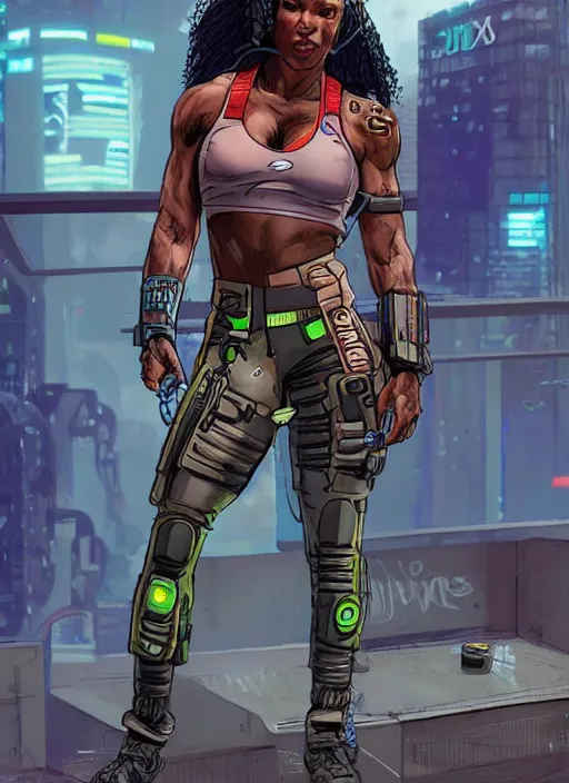 Image similar to sonya igwe. apex legends cyberpunk fitness babe. concept art by james gurney and mœbius.