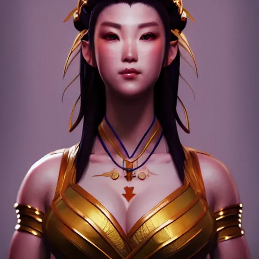 Image similar to portrait of chun li, au naturel, hyper detailed, digital art, trending in artstation, cinematic lighting, studio quality, smooth render, unreal engine 5 rendered, octane rendered, art style by klimt and nixeu and ian sprigger and wlop and krenz cushart.