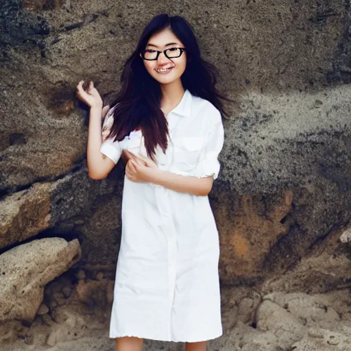 Prompt: a beautiful and cute young asian woman with round glasses wearing white trendy clothes standing on a beach, bokeh, highly detailed, intricate
